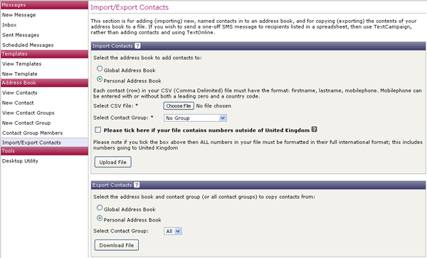 Screenshots of TextAnywhere platform showing how to upload new contacts